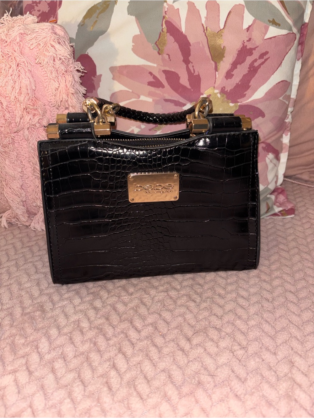 bebe Black Croc-Embossed Mini Satchel with Gold Hardware